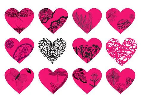 Hand drawn vector hearts set for tattoo design. Stock Illustration