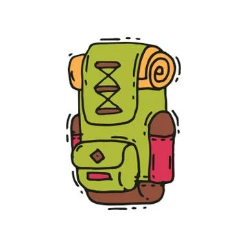 Hand drawn vector icon of big green backpack with rolled tourist mat. Hiking bag 스톡 일러스트