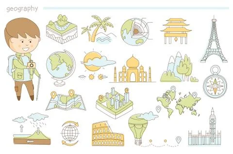 Hand drawn vector icons of landscape, maps and famous landmarks. Learning Stock Illustration