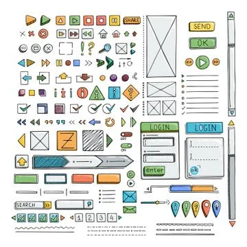 Hand drawn vector icons set website development doodles elements. Stock Illustration