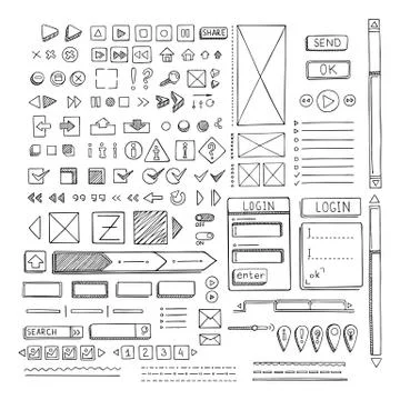 Hand drawn vector icons set website development doodles elements. 스톡 일러스트