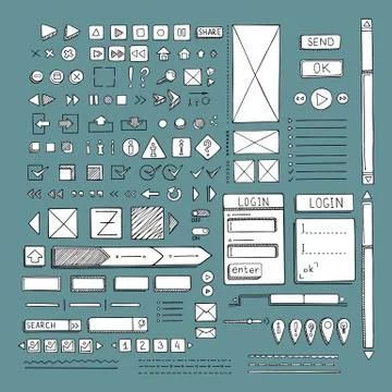 Hand drawn vector icons set website development doodles elements. Stock Illustration