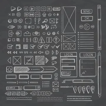 Hand drawn vector icons set website development doodles elements. イラスト素材