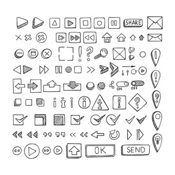 Hand drawn vector icons set website development doodles elements. Stock Illustration