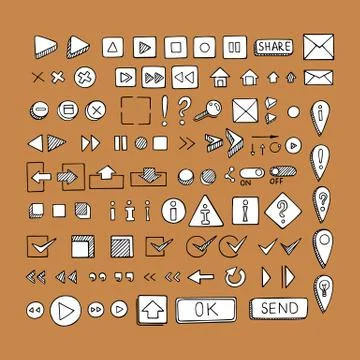 Hand drawn vector icons set website development doodles elements. Stock Illustration
