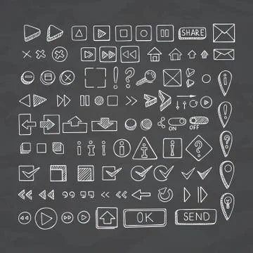 Hand drawn vector icons set website development doodles elements. Illustrazione stock