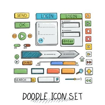 Hand drawn vector icons set website development doodles elements. Stock Illustration