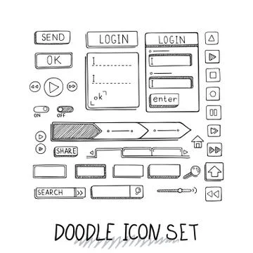 Hand drawn vector icons set website development doodles elements. Illustrazione stock