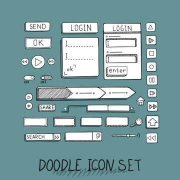 Hand drawn vector icons set website development doodles elements. Stock Illustration
