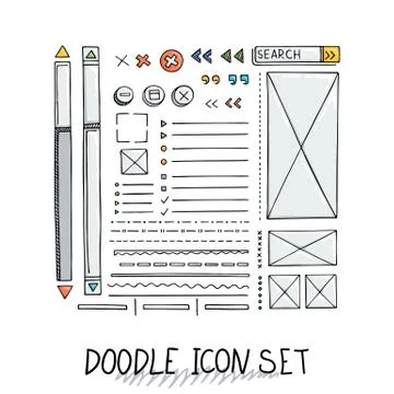 Hand drawn vector icons set website development doodles elements. Stock Illustration