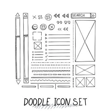 Hand drawn vector icons set website development doodles elements. Stock Illustration