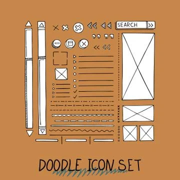 Hand drawn vector icons set website development doodles elements. Stock Illustration