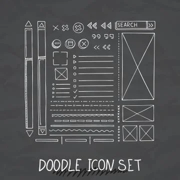 Hand drawn vector icons set website development doodles elements. Stock Illustration