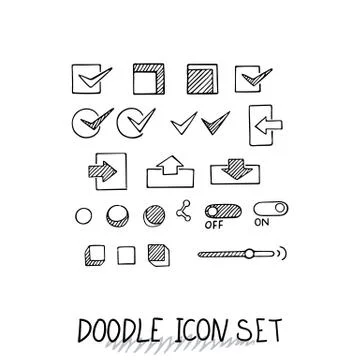 Hand drawn vector icons set website development doodles elements. Stock Illustration