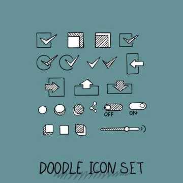Hand drawn vector icons set website development doodles elements. イラスト素材