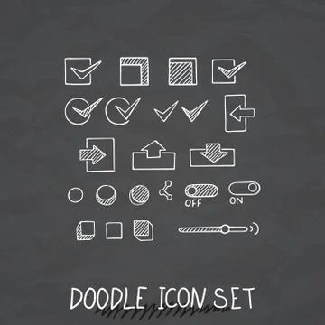 Hand drawn vector icons set website development doodles elements. Stock Illustration