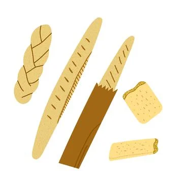 Hand drawn vector illustration of assorted bread French baguette, breaded loa Stock Illustration