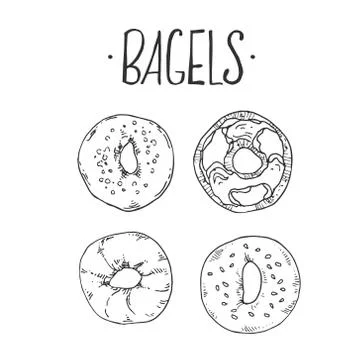 Hand drawn vector illustration of bagels with lettering for menu, decor Stock Illustration