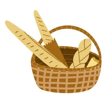 Hand drawn vector illustration of basket filled with assorted bread French ba Stock Illustration