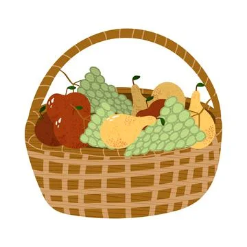 Hand drawn vector illustration of basket with various fruitsred apples, yello Stock Illustration