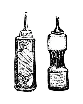 Hand drawn vector illustration of bbq sauce bottles. Stockillustratie