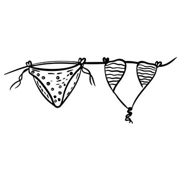Hand-drawn vector illustration of beach swimsuits drying on a rope, black l.. Stock Illustration