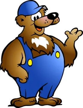 Hand-drawn vector illustration of an bear in blue overalls Stock Illustration