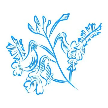 Hand drawn vector illustration, beautiful flowers, blue line art Stock Illustration