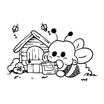 Hand drawn vector illustration of a bee near her house with a box of honey, l Stock Illustration