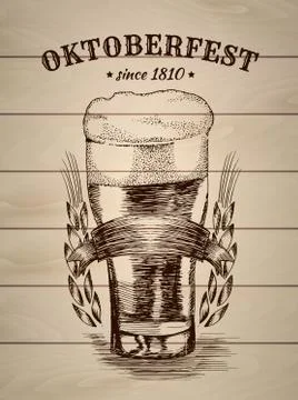 Hand drawn vector illustration of beer mug. Oktoberfest beer poster vintage Stock Illustration