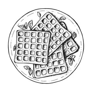 Hand drawn vector illustration of belgian waffles in a plate. Stock Illustration