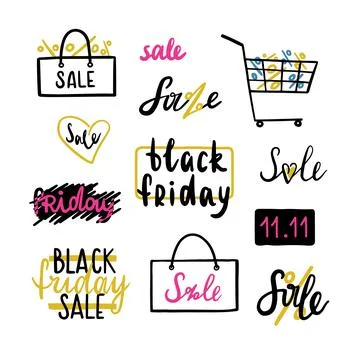 Hand drawn vector illustration of big black friday sale. Shopping bag, basket Stock Illustration
