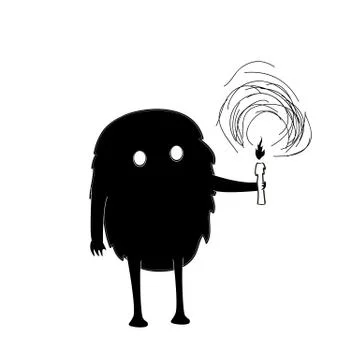 Hand drawn vector illustration with black cute monster with candle Stock Illustration