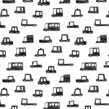 Hand drawn vector illustration of black car pattern on white background. 스톡 일러스트