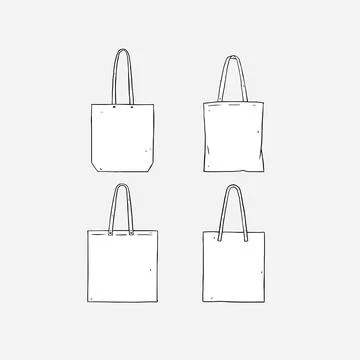 Hand drawn vector illustration of blank white tote bag on white background. Stock Illustration