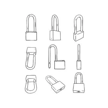 Hand drawn vector illustration of blank lock set on white background. Illustrazione stock