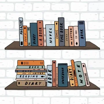 Hand drawn vector illustration of book on shelves. bookshelves on brick wall 스톡 일러스트