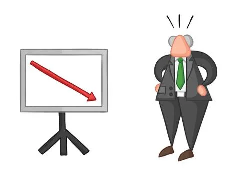 Hand-drawn vector illustration of boss with sales chart arrow down. Illustrazione stock