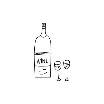 Hand drawn vector illustration of bottle of red wine and two glasses. Abstract Stock Illustration
