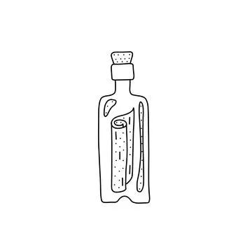 Hand drawn vector illustration of a bottle with message inside. Cute illustra Stock Illustration