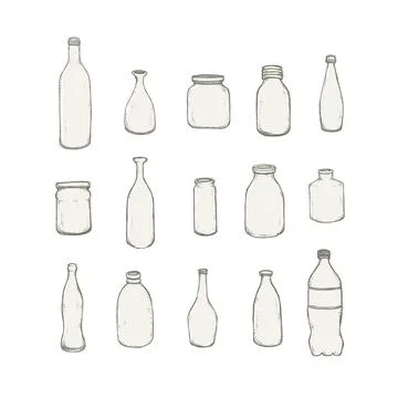 Hand drawn vector illustration of bottles set. Isolated on white. Stock Illustration