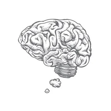 Hand drawn vector illustration of brain and idea. Isolated on white. 스톡 일러스트