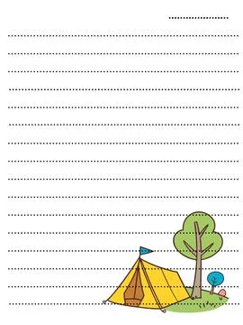 Hand drawn vector illustration of a camping postcard with a tent. Stock Illustration