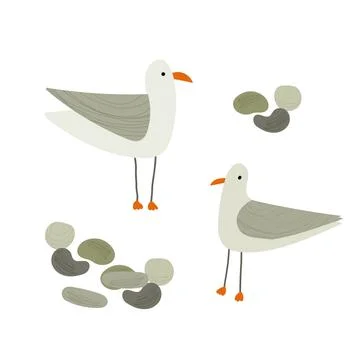 Hand drawn vector illustration of cartoon style seagulls. Isolated on white Stock Illustration