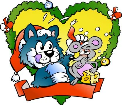 Hand-drawn vector illustration of an cat and a very nervous mouse Stock Illustration