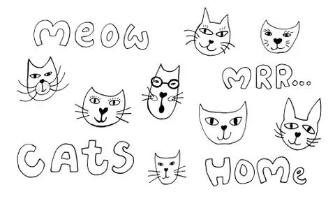 Hand drawn vector illustration of cat faces Stock Illustration