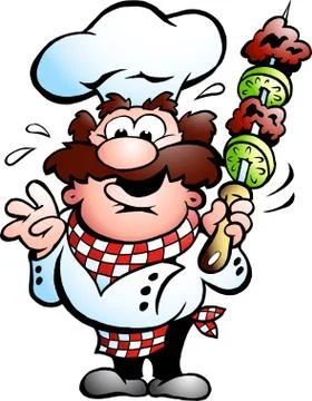 Hand-drawn vector illustration of an chef with a kebab skewer Stock Illustration
