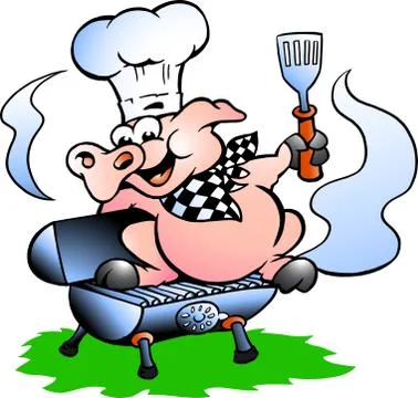 Hand-drawn vector illustration of an chef pig standing on a bbq barrel Stock Illustration