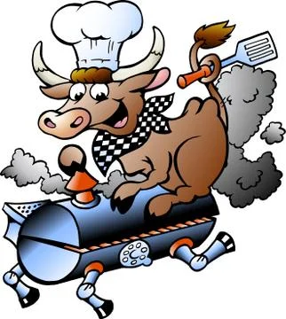 Hand-drawn vector illustration of an chef  cow riding a bbq barrel Stock Illustration