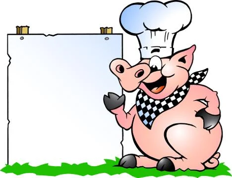 Hand-drawn vector illustration of an chef pig standing and pointing towards a Stock Illustration